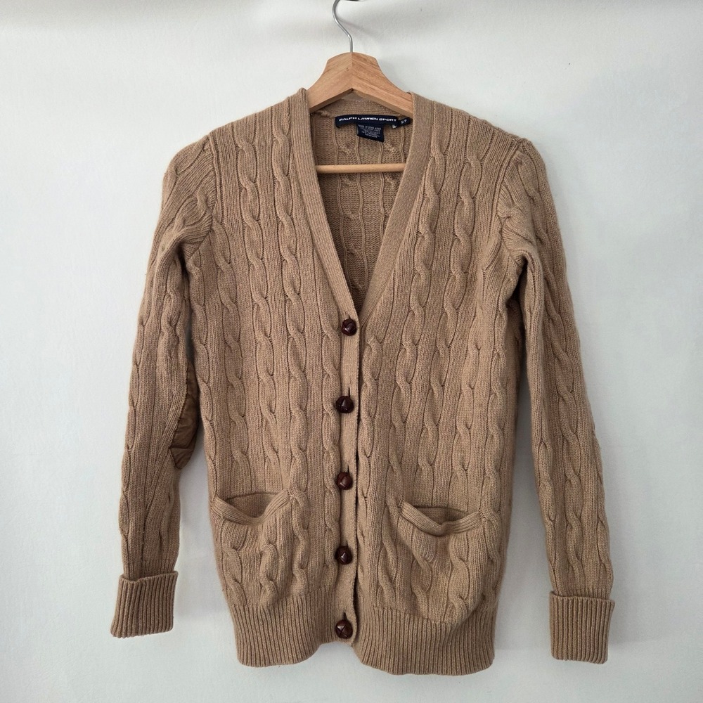 Ralph Lauren Sport Cardigan Tan Cable Knit Elbow Patch Cashmere Wool Blend Sz S